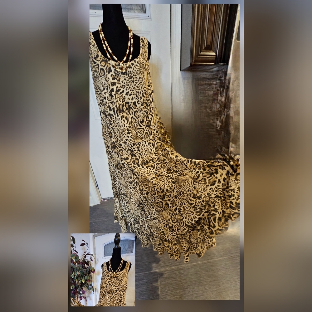 JONES NEW YORK Leopard Print Maxi Dress, Sz 14W, featuring a Tiered Flowy Style